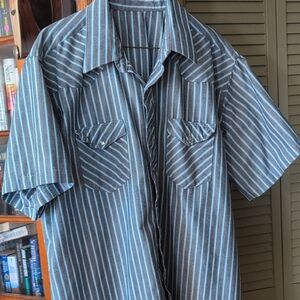 Men's Short-Sleeve Button-Up Shirt in Blue and Black Stripe